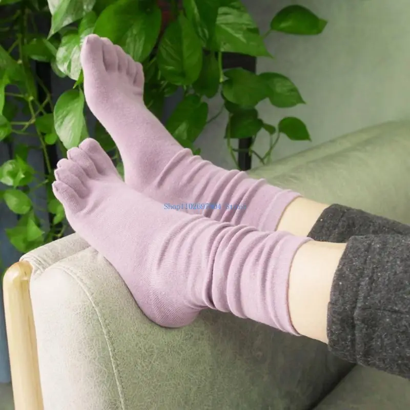 

N7YF Women Five Finger Long Tube Socks Solid Color Toe Separated Yoga Cotton Hosiery