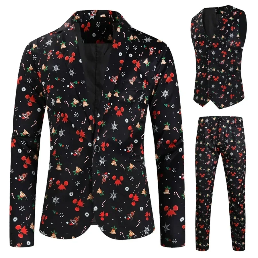 Men’s Christmas Day 3 Piece Suit Four Seasons Can Wear Fashion Printed Blazers Sets(Jacket+Vest+Pants) Men's Prom Party Clothing