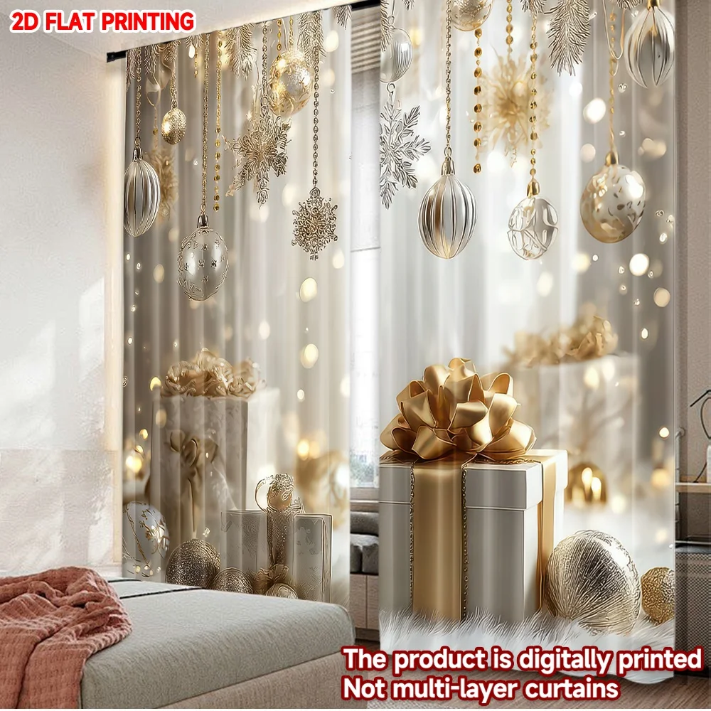 2D-Flachdruck, 2 Stück, Weihnachtsvorhänge, goldene Weihnachtsdekorationen, langlebige Polyesterfaser, Frühling, Verwendung für Zuhause, Wand, Hof