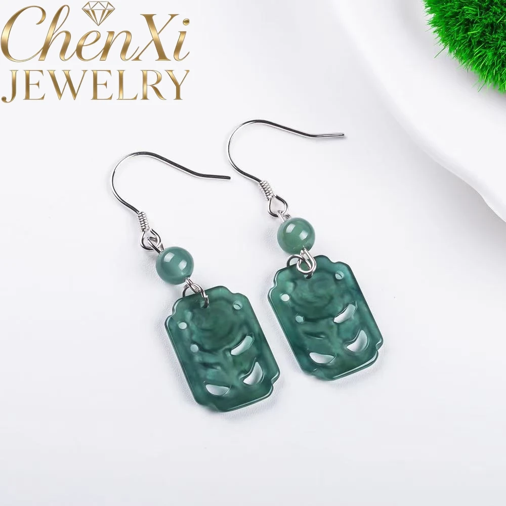 Premium Natural Grade A Ice Blue Water Jadeite Rose Design Earrings, Inlaid With S925 Silver, Myanmar Jade Gem Jewelry Luck Gift