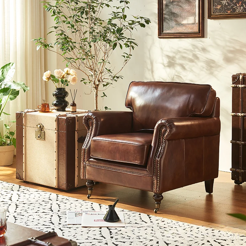 Medieval leather American classic retro single sofa light luxury oil wax leather tiger  leisure chair