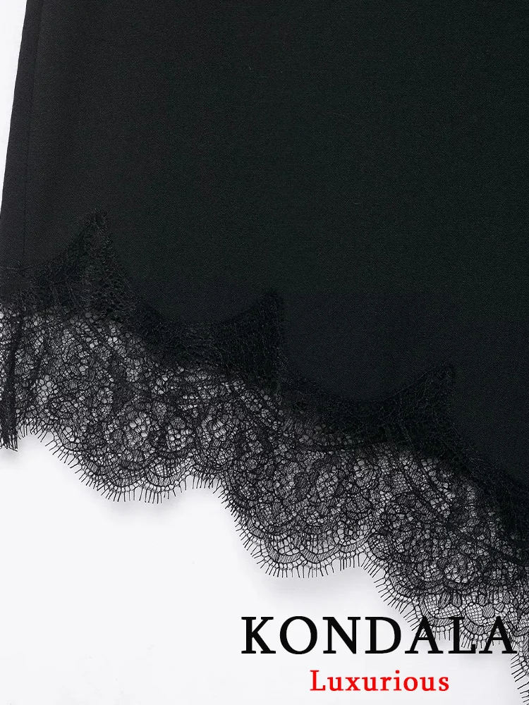 KONDALA مثير شيك الأسود الساتان الدانتيل النساء التنانير عالية الخصر غير النظامية ميدي تنورة الحفلات موضة 2025 مساء نادي حفلة فتاة تنورة