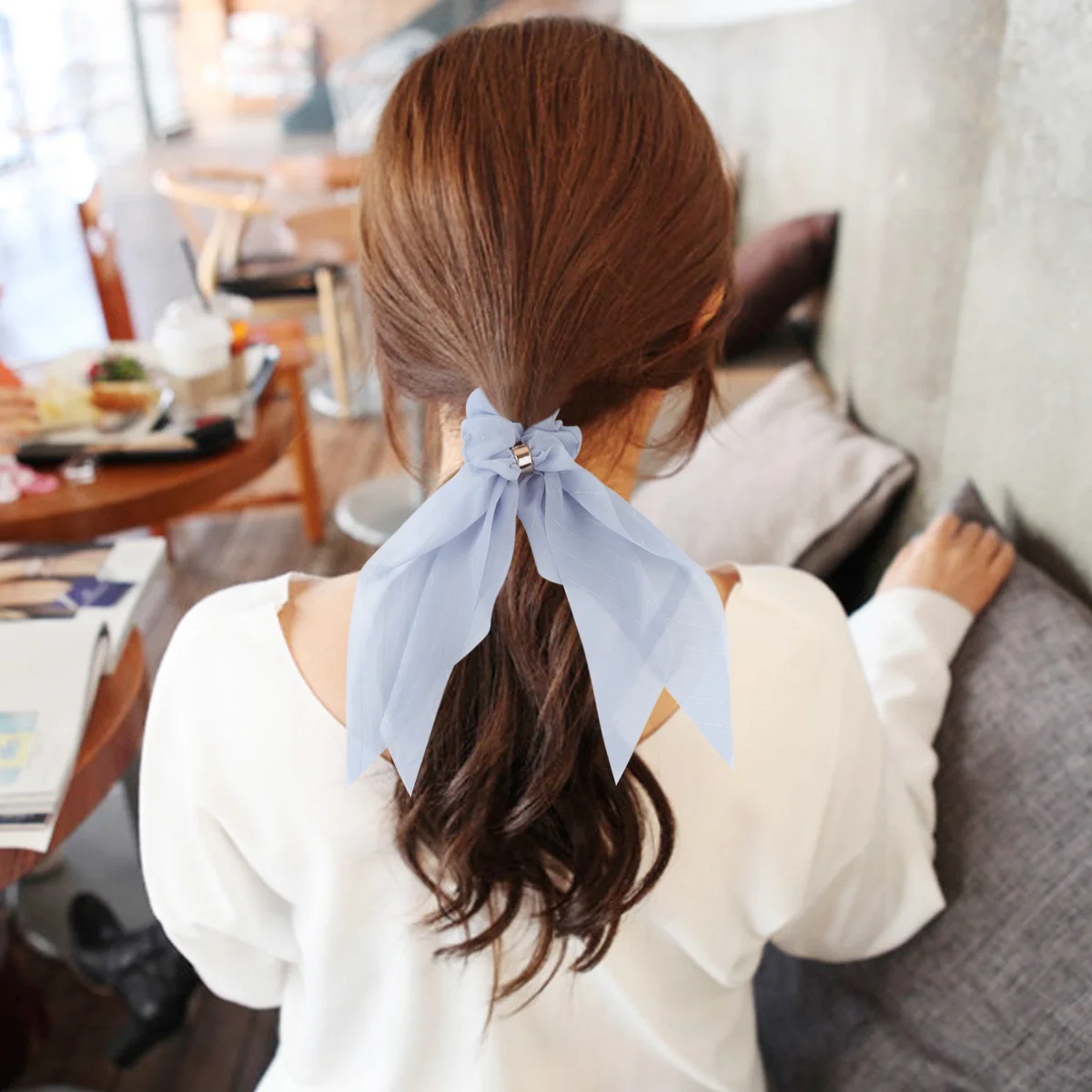 

Unique Elastic Double-Layer Bowknot Long Cloth Hair Tie Buckle Design Ponytail Holder Sky-Blue Match Outfits Easily