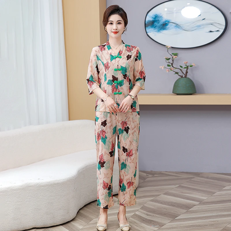 Neue Elegante Pullover Hosen Sommer Anzug Frauen Harajuku Stil Anzug Sommer asiatischen stil Lose V-ausschnitt Druck Top + Hosen Zwei stück