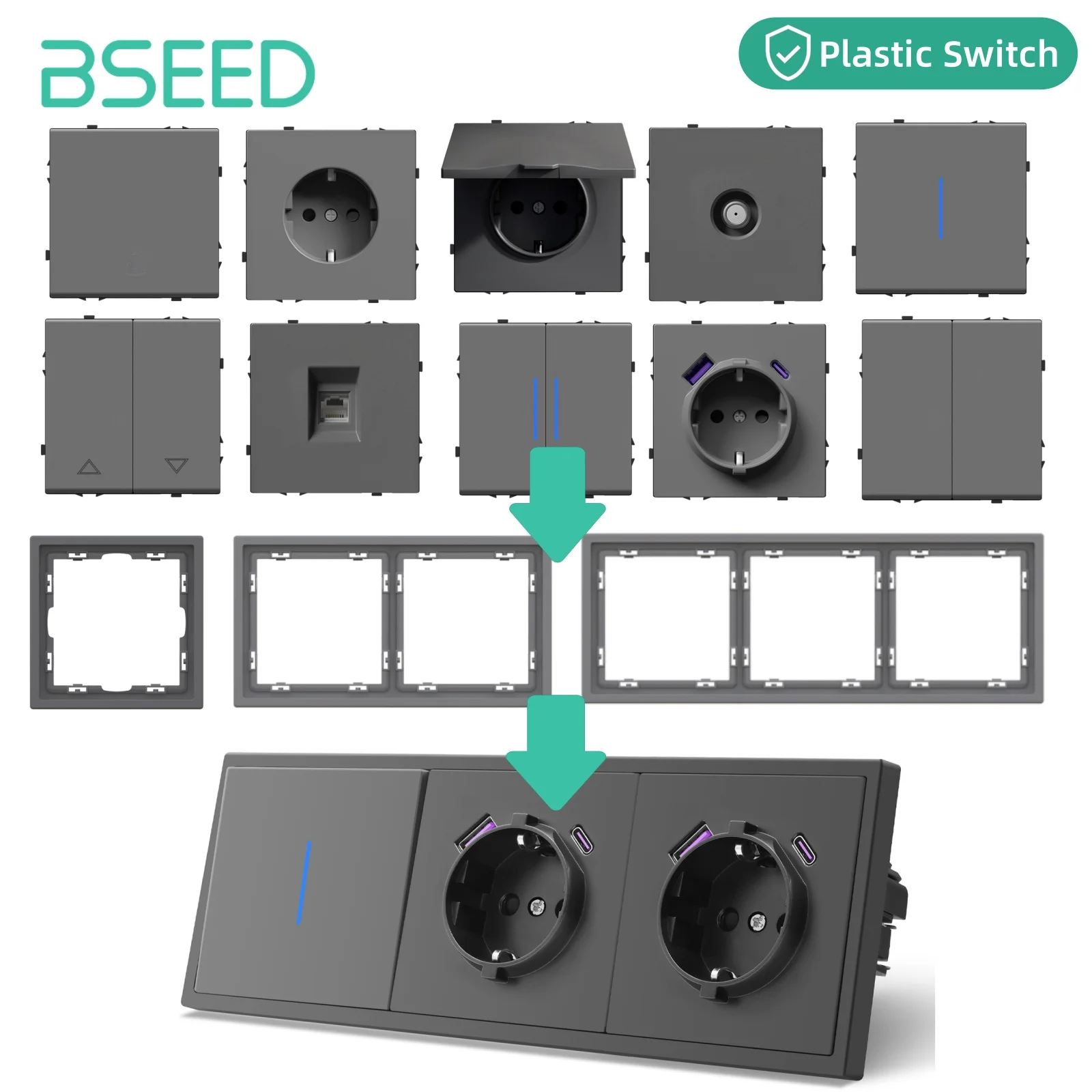 

BSEED Push Button Switch Module With Indicator Lamp USB Phone Charge Socket Parts Wall Light Switch Plastic Frame Combination