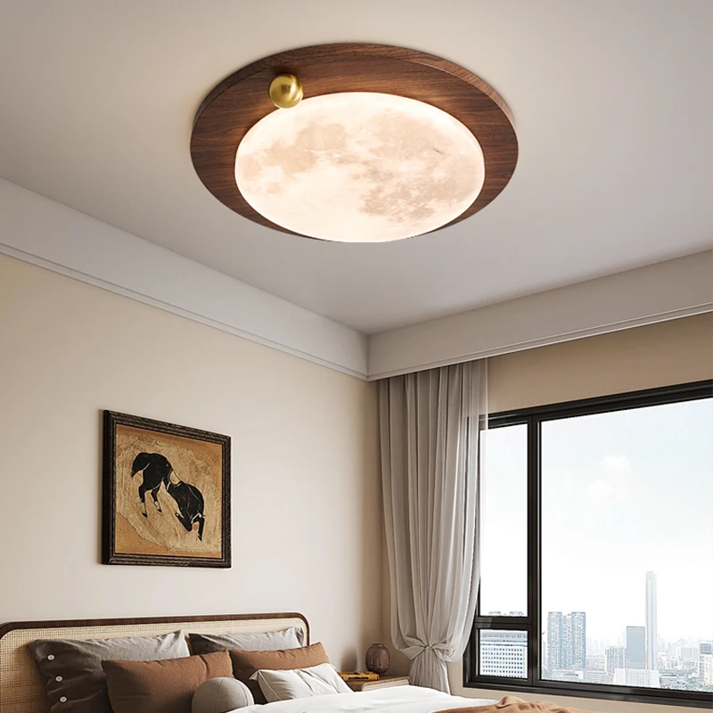 Nordic Moon Room Wood Ceiling Light LED Decor 50CM Walnut Hanging Lamp Bedroom Aisle Living Room Home Decoration Illumination