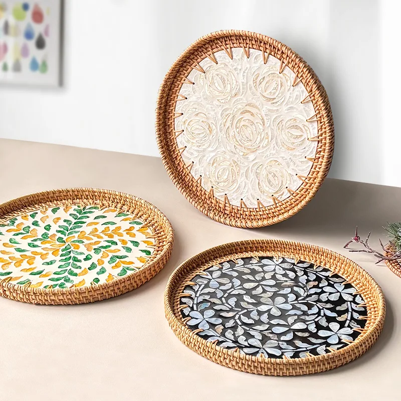Vintage Rattan Weave Tray with Colorful Shells,Bohemian Coffee Table Storage Basket,Natural Mother of Pearl Snack Organizer Bowl