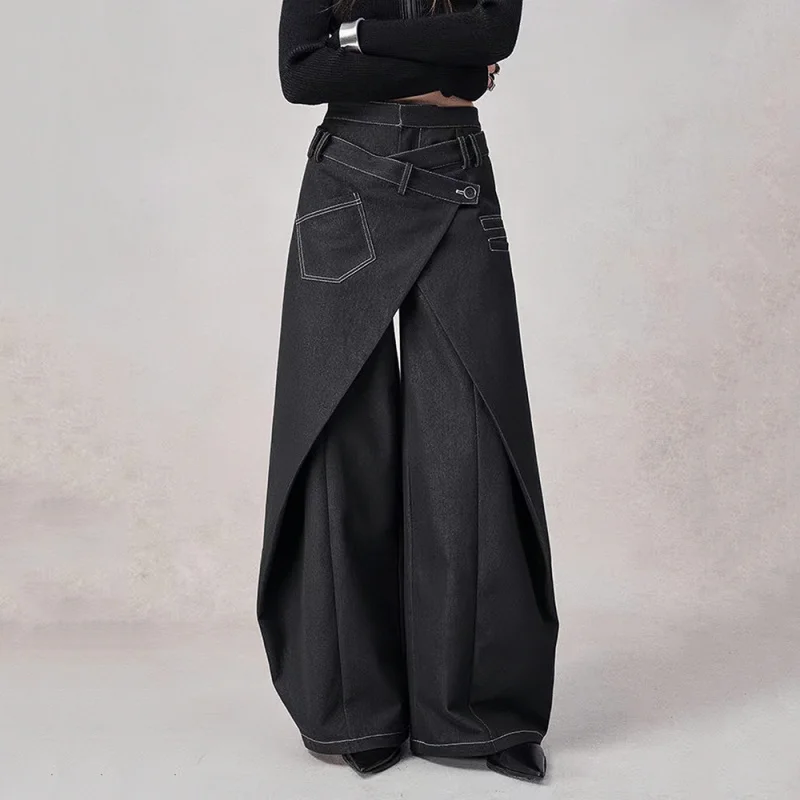 

Vintage Unique Niche Versatile Jeans2025Autumn New Irregular Fake Two-Piece Patchwork Loose Wide-Leg Pants