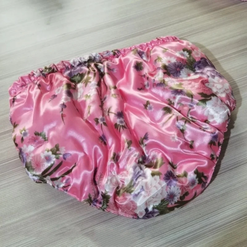수제 여성 팬티 핑크 새틴 광택 코튼 브리프 시시 플로럴 프린트 코튼 패딩 따뜻한 파티 섹시 코스튬 팬티