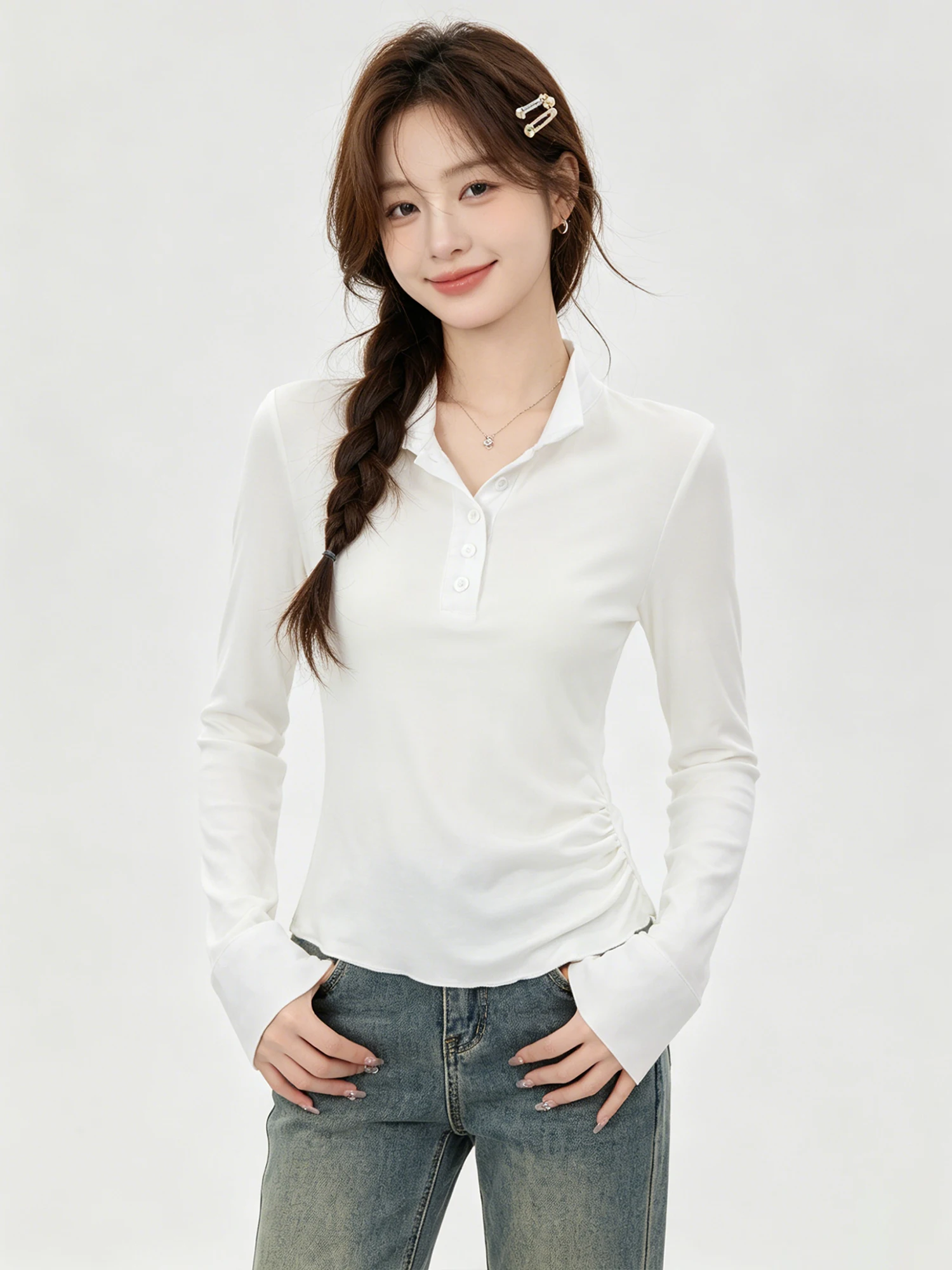 Lacele Silk Long Sleeve Henry Collar T-Shirt Women's Slim Fit Basic Summer Top Pure Color Button Detail Regular Thickness