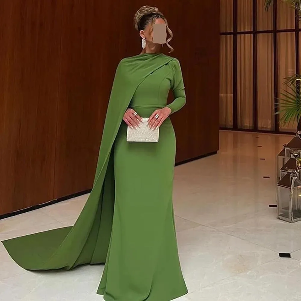 

Green Mermaid Evening Dresses Customized Long Sleeves Cape Muslim Formal Occasion Dress for Women Saudi Arabic Party Prom Gowns