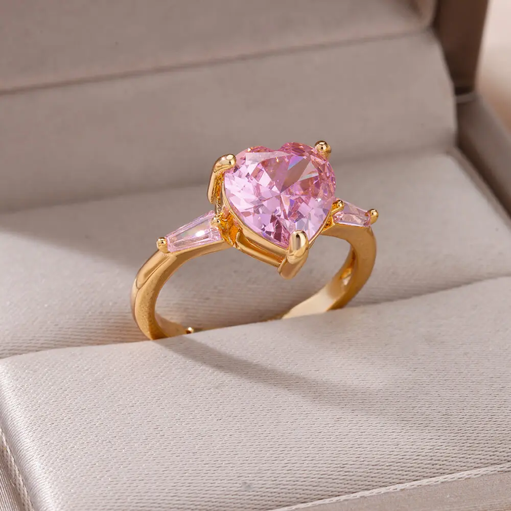 Pink Zircon Heart Rings For Women Gold Plated Stainless Steel Adjustable Heart Ring 2024 Trend Wedding Aesthetic Jewelry Gift