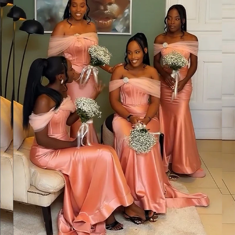 Africa Coral Mermaid Bridesmaid Dresses for Women Strapless Sweep Train Corset Removable Off Shoulder Wedding Guest Party Gowns