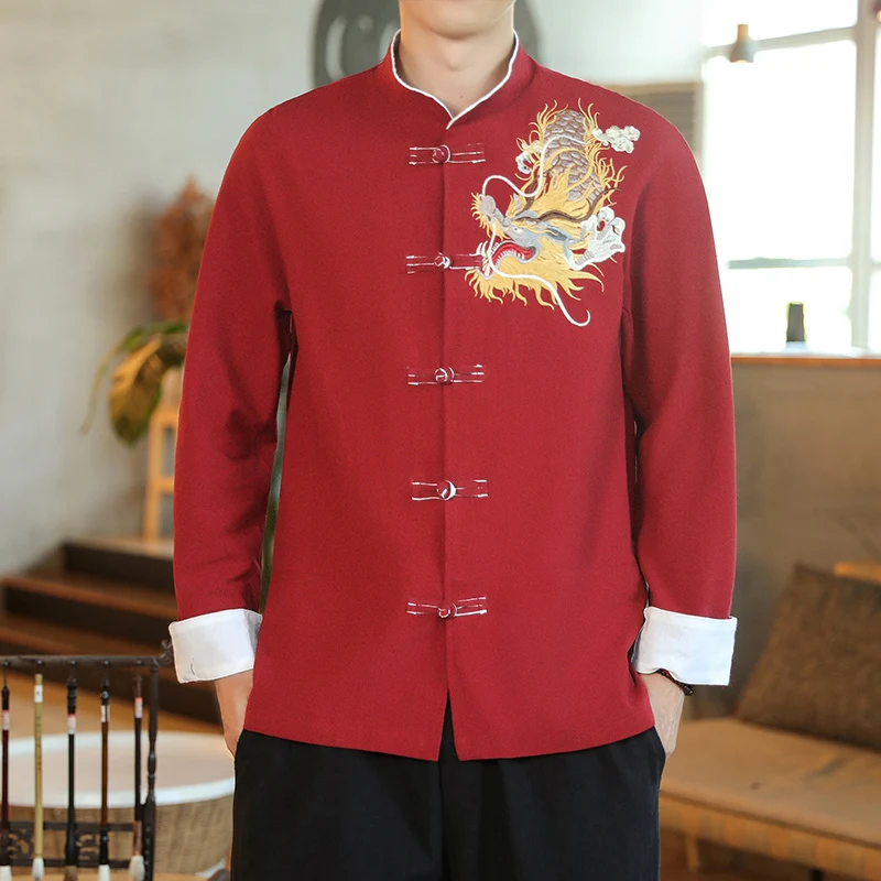 Men Shirts Kungfu Tai Chi Long Sleeve Chinese Style Golden Dragon Embroidered Retro Linen Cardigan Tang Suit Men Traditional Top