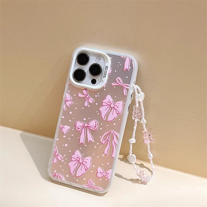 Pink Bow Tie Frosted Silver Plated Mirror Phone Case For 15 14 Pro Max 13 12 11 Pro Max Silicone Drop Protection Cover