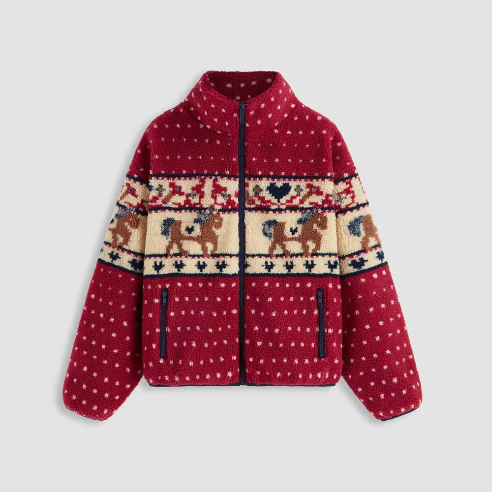 سترة صوفية نسائية غير رسمية لعام 2025 سترة مطبوعة للخريف والشتاء معطف قصير لحفلة عيد الميلاد ملابس خارجية فضفاضة بسحاب جديد #3