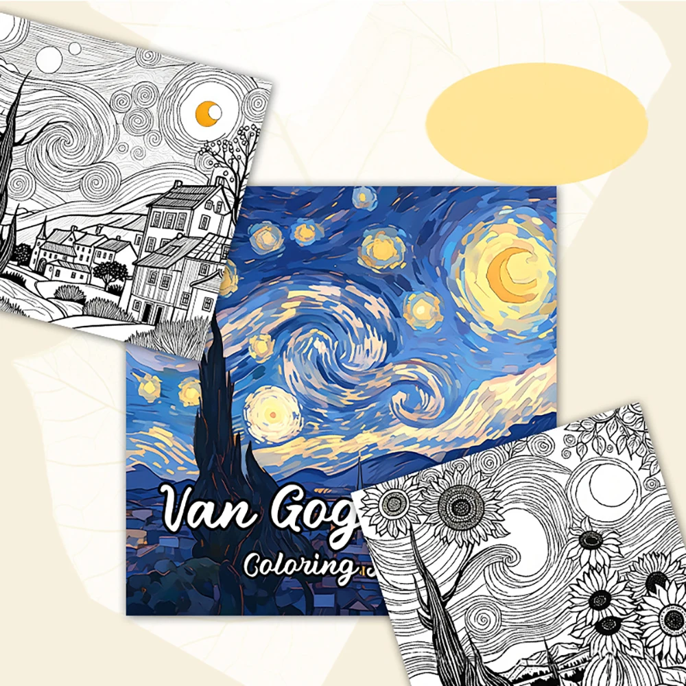 كتاب تلوين للبالغين مستوحى من Bview Art Van Gogh: علاج فني لتخفيف التوتر مع الرسوم التوضيحية المرسومة يدويًا وصفحات الرسم