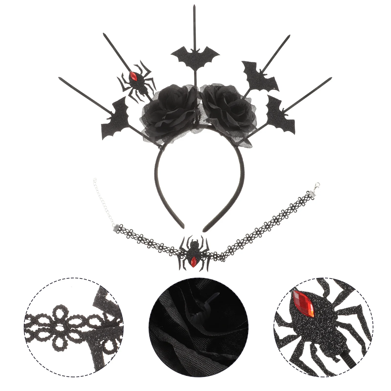 1Set Gothic Spider Bat Headband Choker Set Classic Rose Decoration Halloween Party Cosplay Accessories Gothic Hair Accessories