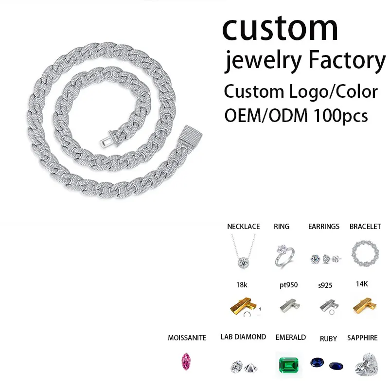 European & American Trendy 925 Silver Moissanite Infinity Cuban Chain Necklace, 12mm, Full Ice Out，