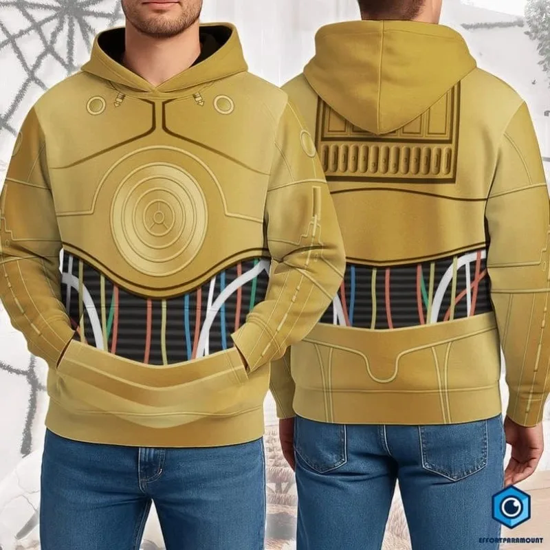 C-3PO Robot Armor Cosplay Hoodie Star Wars 3D All Over Print Pullover Sweatshirt Kid Hooded Tops Halloween Sci-fi Costume Unisex