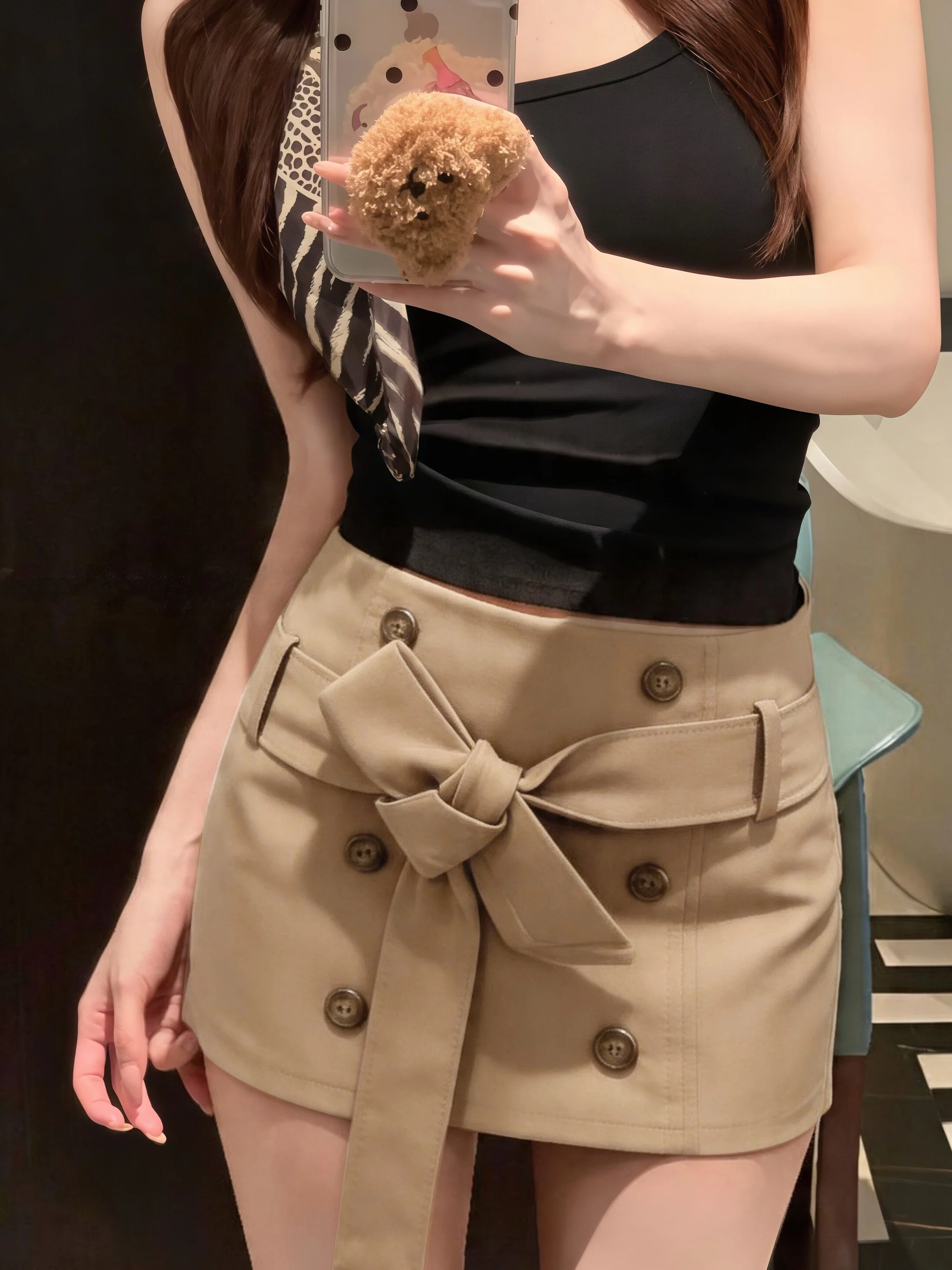 Chic Low Waist A-Line  Skirt in Khaki Color Women's Summer New Style Retro Anti-Light Wrap Body Skirt Short Skirt
