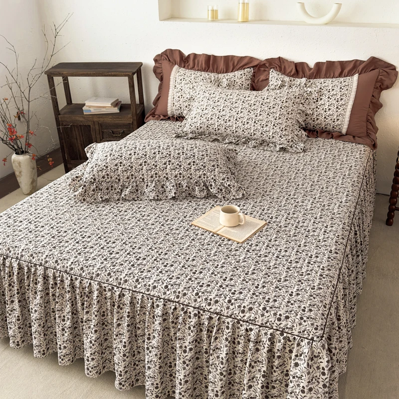 1PC Thickness Bed Skirt Quilted Flower Printed Bedskirts with Ruffles roupa de cama casal Floral Style Skirt(without Pillowcase)