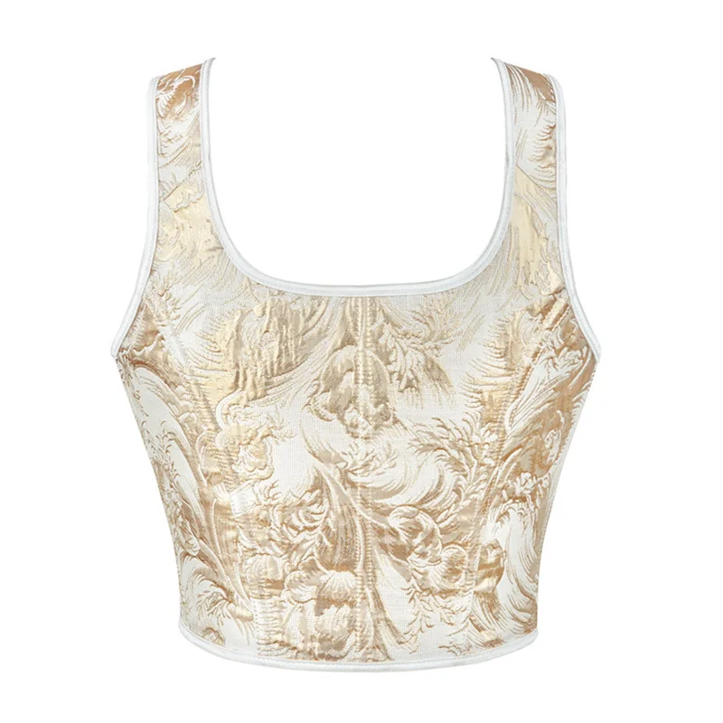 Gold Embroidery Crop Top Corset Wholesale Women Overbust Bustier with Shoulder Straps Brocade Corselet Crop Top En Corset