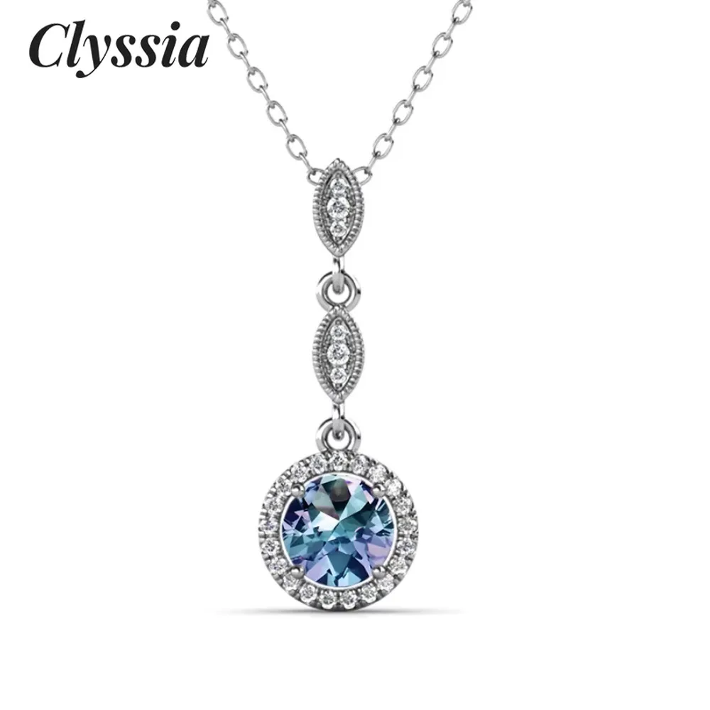 

CLYSSIA 925 Sterling Silver Vintage Women Jewelry Color Change Alexandrite Gemstone Round Halo Pendant Necklace Jewellery