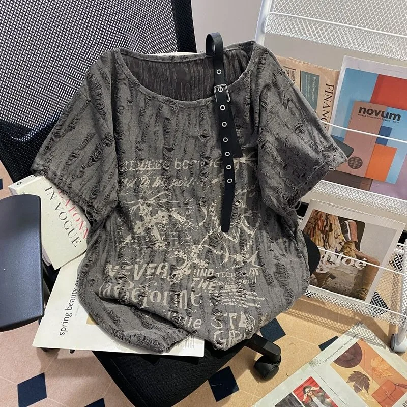 

Harajuku Gothic Vintage Hole T-shirts Summer Fashion Loose Sun Protection Top 2025 New Short Sleeve O-neck Tee Shirt