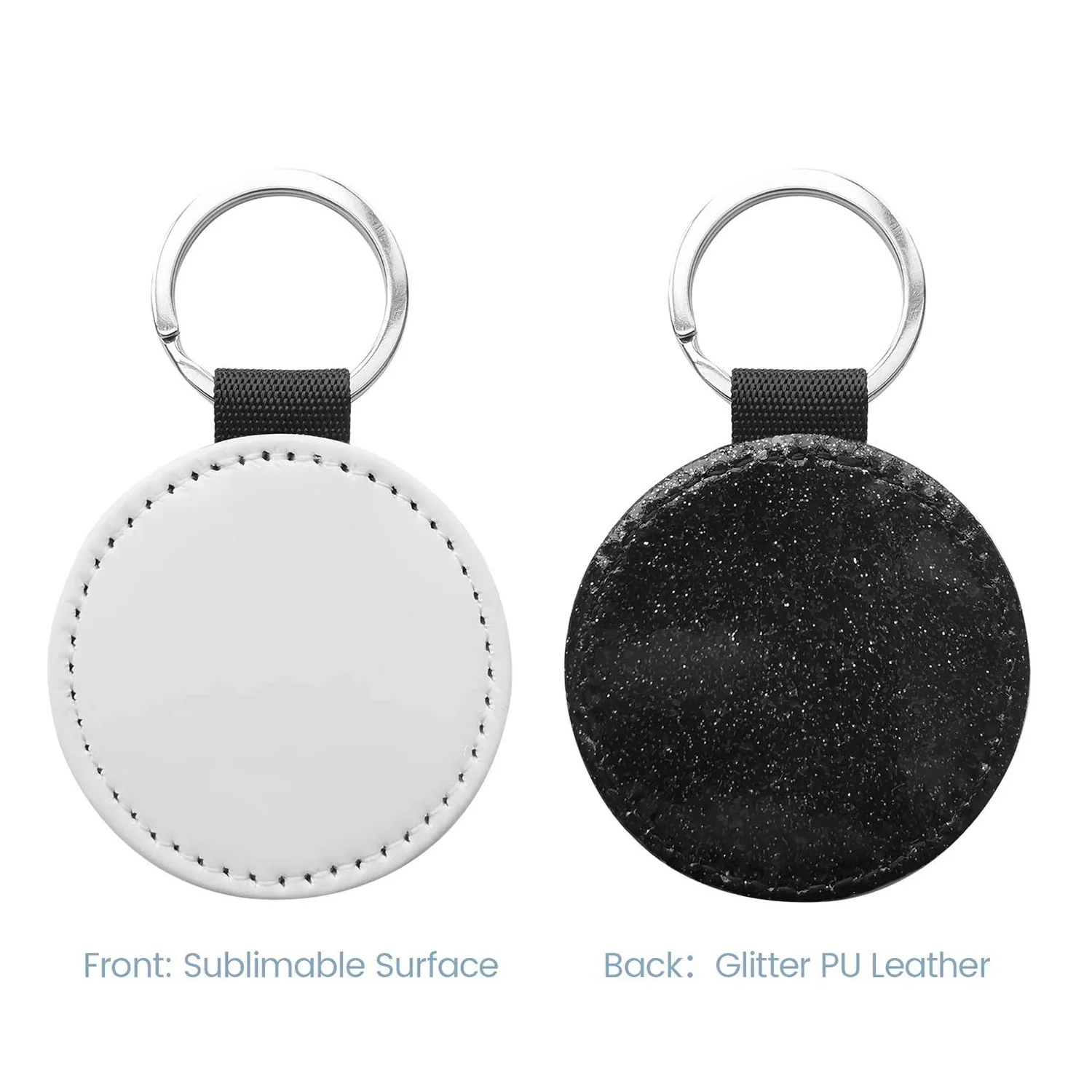 10 Pack Sublimation Blanks Keychain Glitter PU Leather Keychain DIY Heat Transfer Keyring (Black Round) HOT