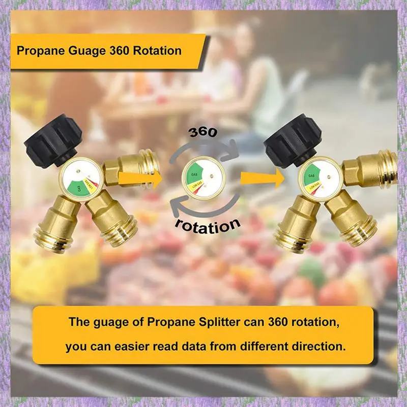 A63K-2X Splitter propano a 3 vie con manometro e valvola di intercettazione, splitter per gas propano a 3 Y, adattatore per calibro a T per serbatoio propano LP