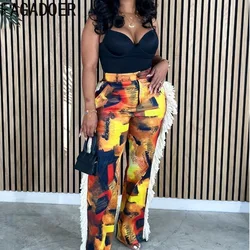 FAGADOER Fashion Camouflage Tassels Cargo Pants Women High Waisted Button Straight Trousers Casual Female Pocket Loose Bottoms