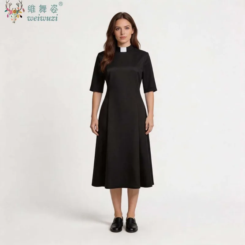 Disfraces de Halloween para Mujer: Vestidos de Clero, Trajes de Cosplay, Vestuario de Coro de Iglesia Católica, Pastor, Monja, Ministro, Vestido de Clero con Cuello de Solapa, Sotana, Prendas Religiosas