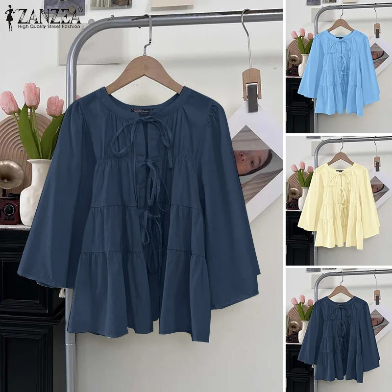 ZANZEA 2026 Mode Vrouwen Blouse Casual Flare Mouw Tops O Hals Tuniek Lace-Up Shirts Effen Kleur Zomer Trui oversized