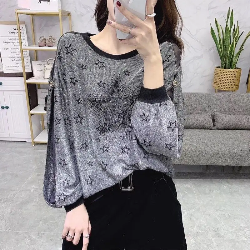 Streetwear Stylish Star Printed Sweatshirts Chic Diamonds Women\'s Clothing Casual Gauze Patchwork Spring Autumn O-Neck Pullovers