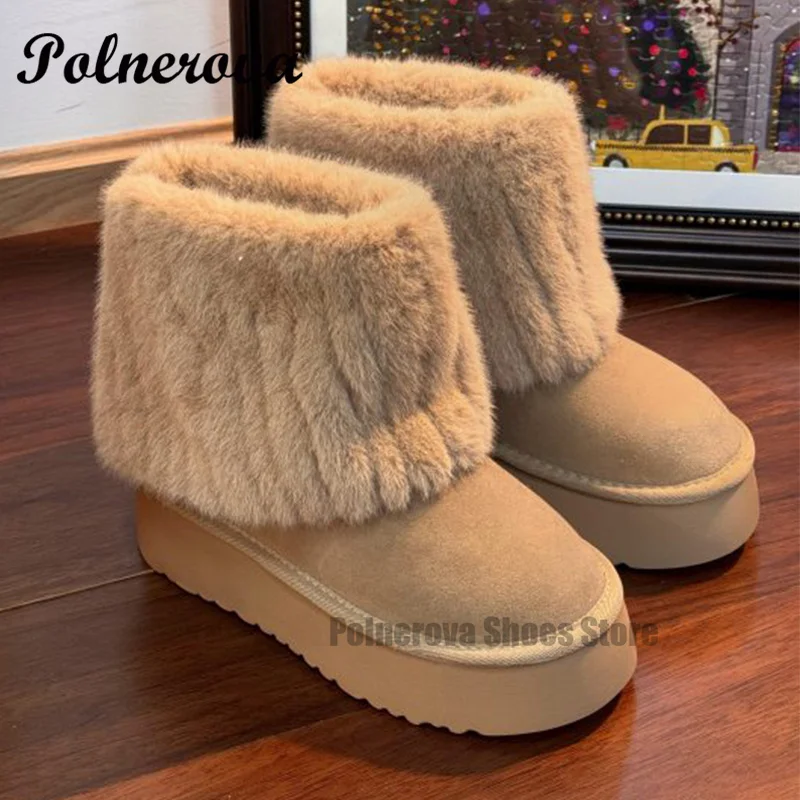 

Apricot Thick Soled Snow Boots Women's Winter New Cotton Shoes Warm and Wooly Pants Boots New Cow Suede High Quality Boots