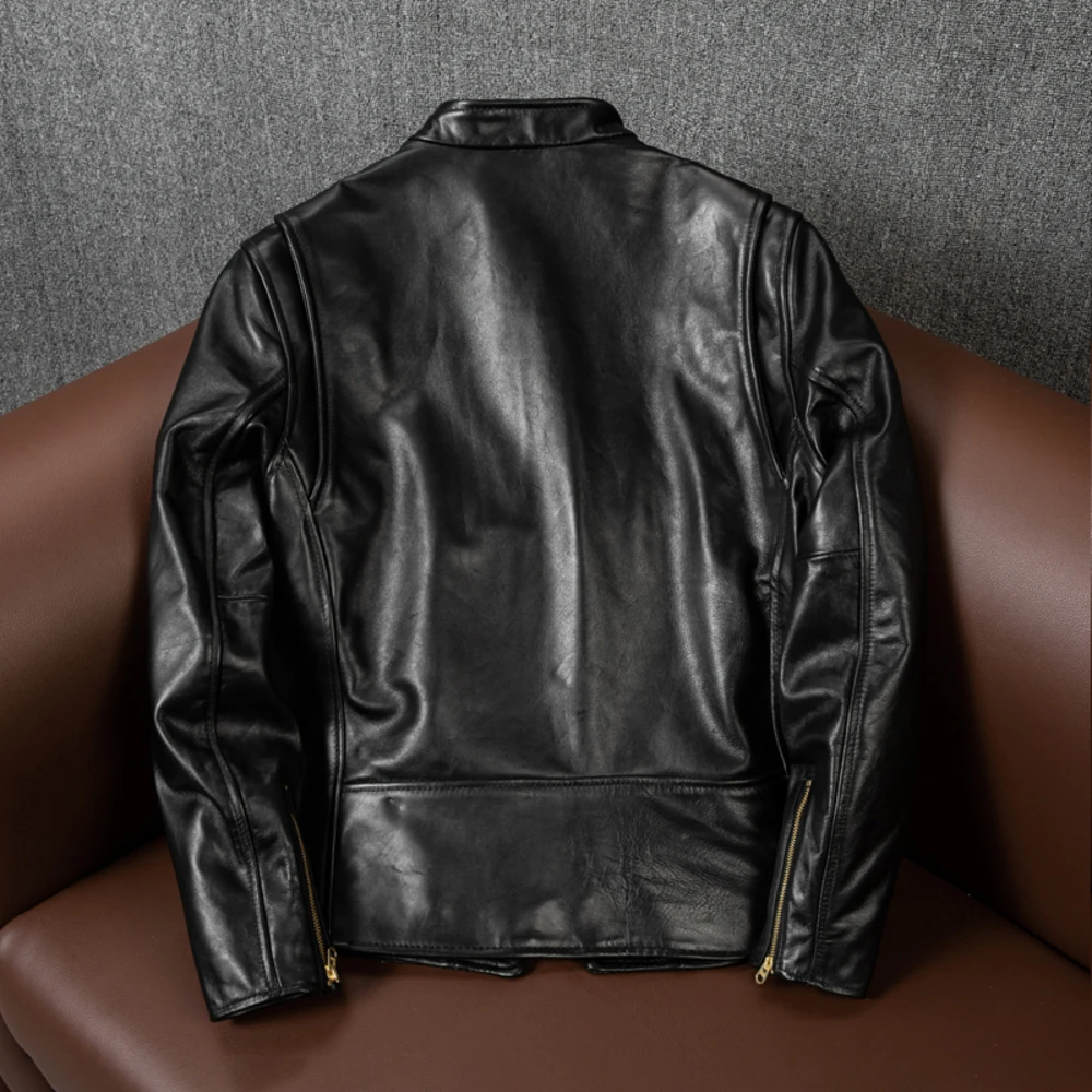 layer Top Classical Men Leather Black Slim fit Fashion Stand Collar Horsehide Classic Jacket