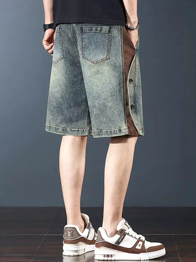 Amerikaanse retro heren denim orts casual rechte pijpen zware wa outdoor vijfknops splitsbroek jeugd zomerkleding