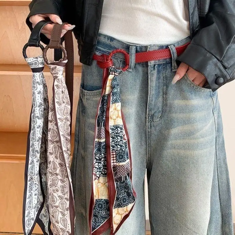 

Vintage Red Black Khaki Hip Hop Thin Belt Decorative Waist Belt Punk Bandana Silk Scarf Leather Belt For Denim Jeans Woman