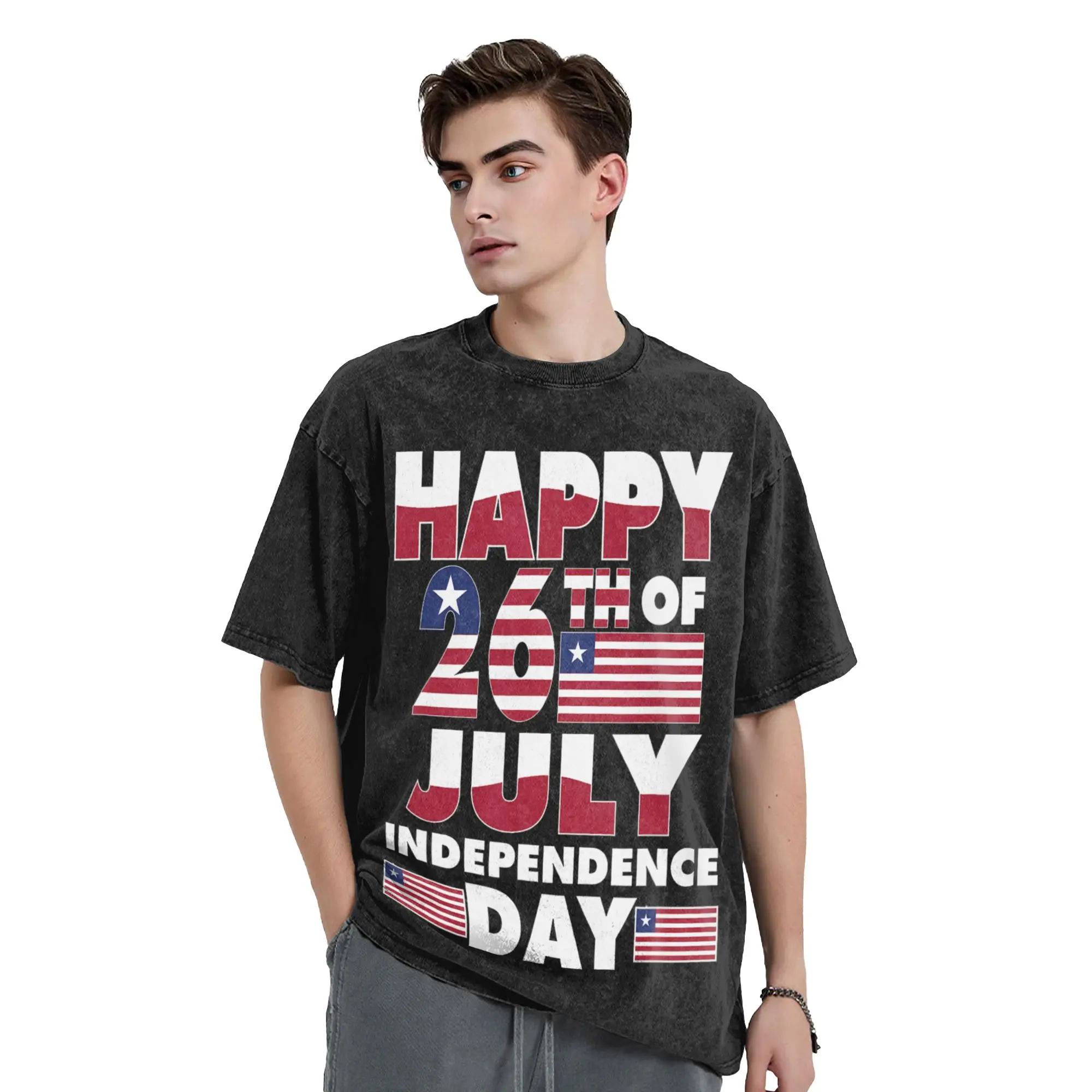 Happy National Independence Day Liberia Flag Washed T Shirt Streetwear Vintage T-Shirts Tee Shirt for Men Women Short Sleeve