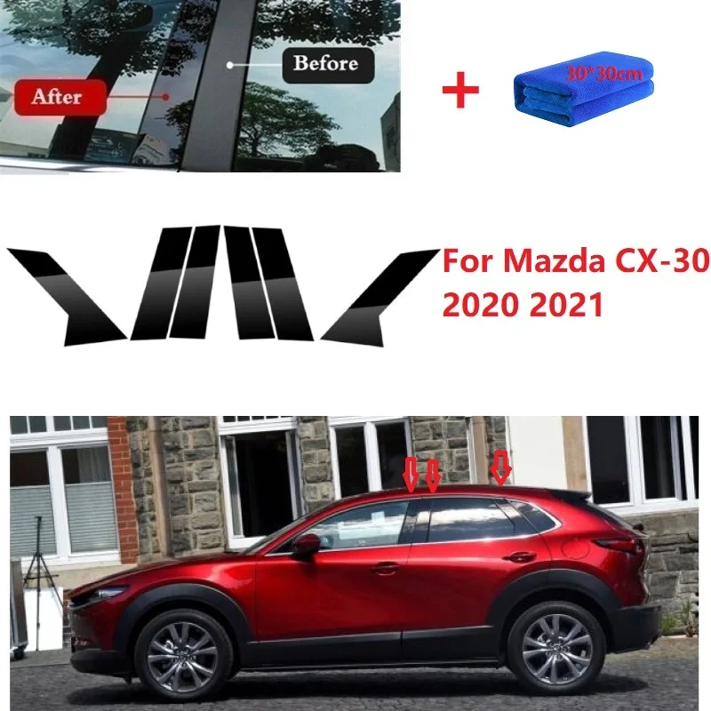 6PCS Polished Pillar Posts For Mazda CX-30 2020 2021 Car Window Trim Cover BC Column Sticker Chromium Styling