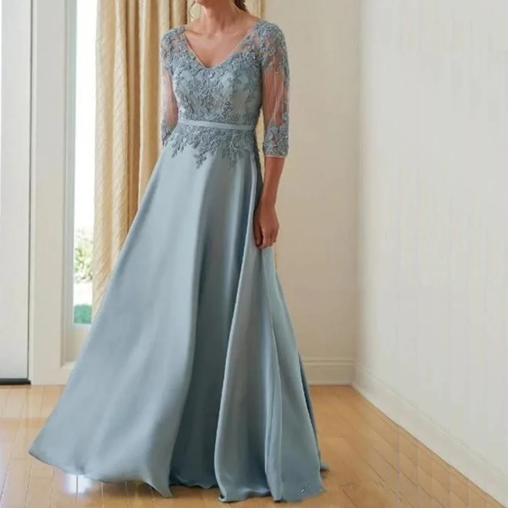 

Light Blue Mother Of The Bride Dresses 3/4 Sleeve A-Line V-Neck Appliques Formal Gown Floor Length Wedding Guest Dress Best