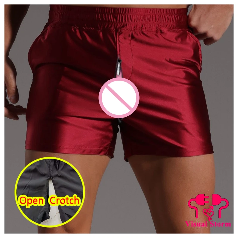 Men Open Crotch Casual Shorts Imitation Silk Satin Smooth Feel Loungewear Outdoor Easy Crotchless Clubwear 4XL Breathable Trunks