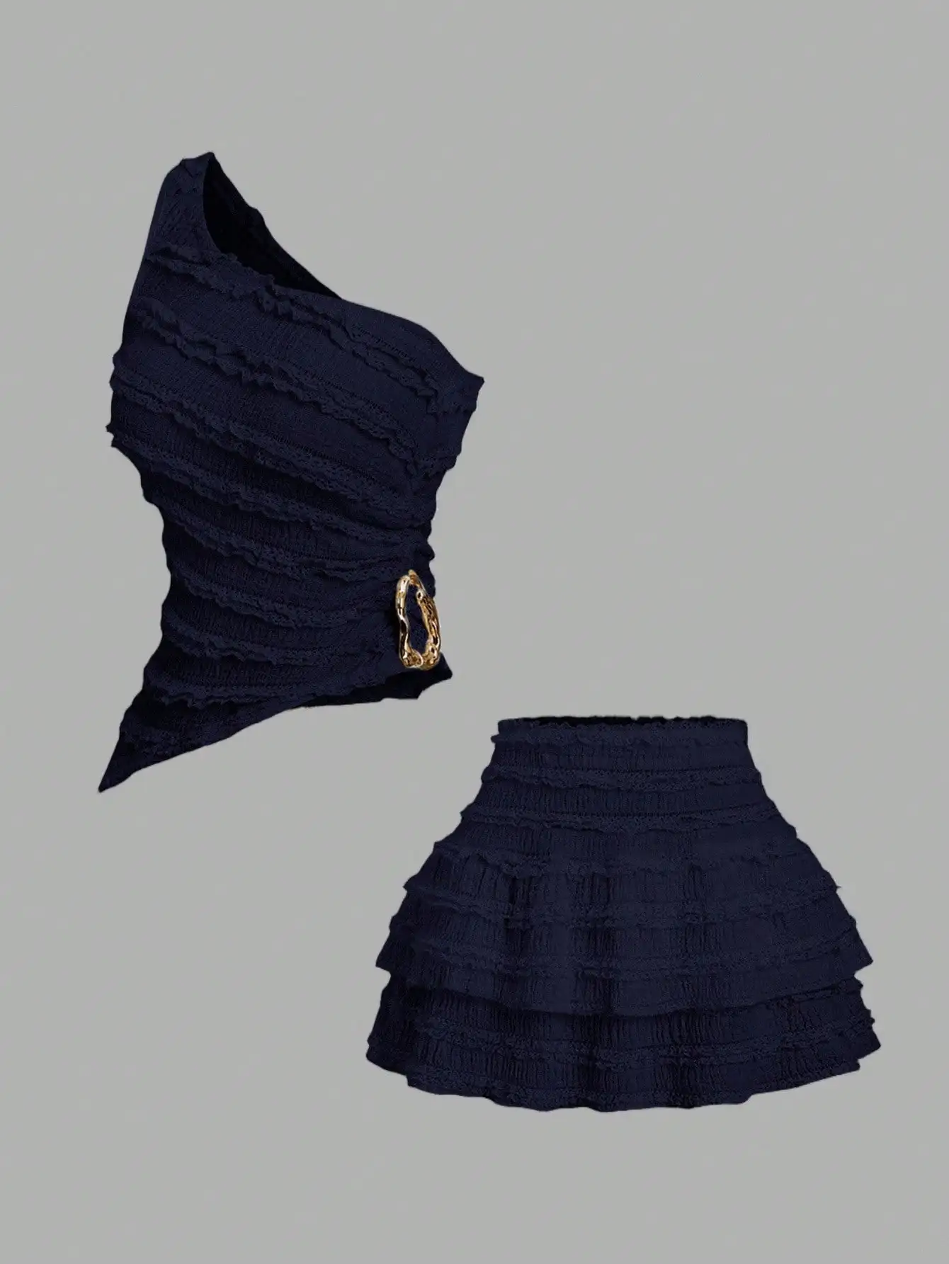 

Navy Blue Ruched One-Shoulder Top & Tiered Mini Skirt Set with Gold Buckle