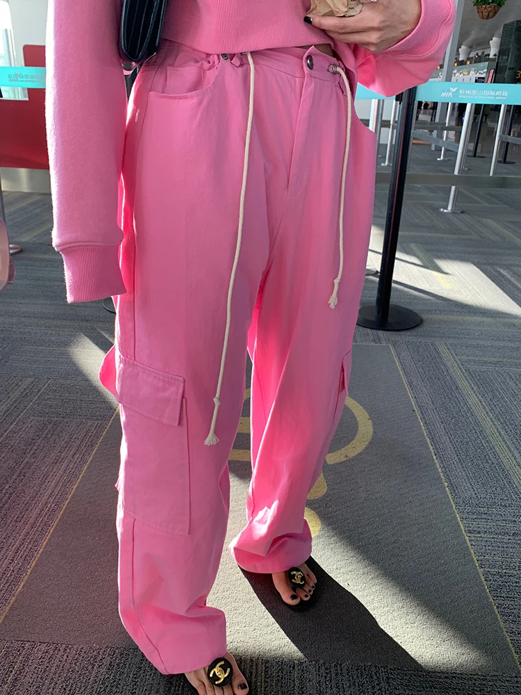 

Spring 2024 Women's Casual Pants High Waist Trousers with Belt Pink Workwear Style Asymmetric Design Korean Commute Style