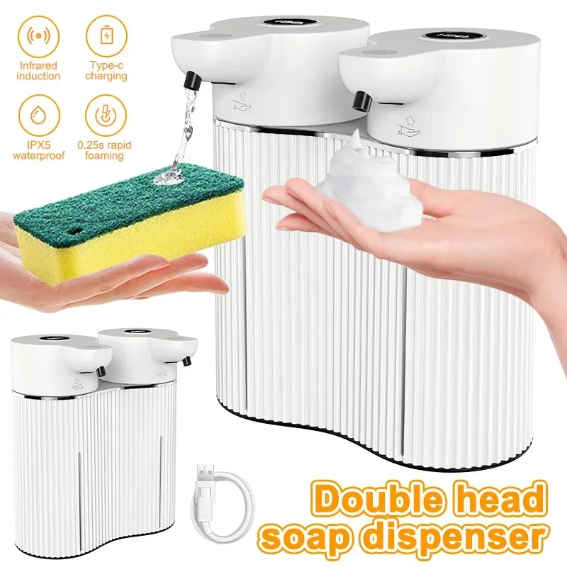 

400ML Smart Double Head Automatic Foaming+Liquid Soap Sanitizer Dispenser Wall Mounted Infrared Sensor IPX5 for Kitchen Bathroom