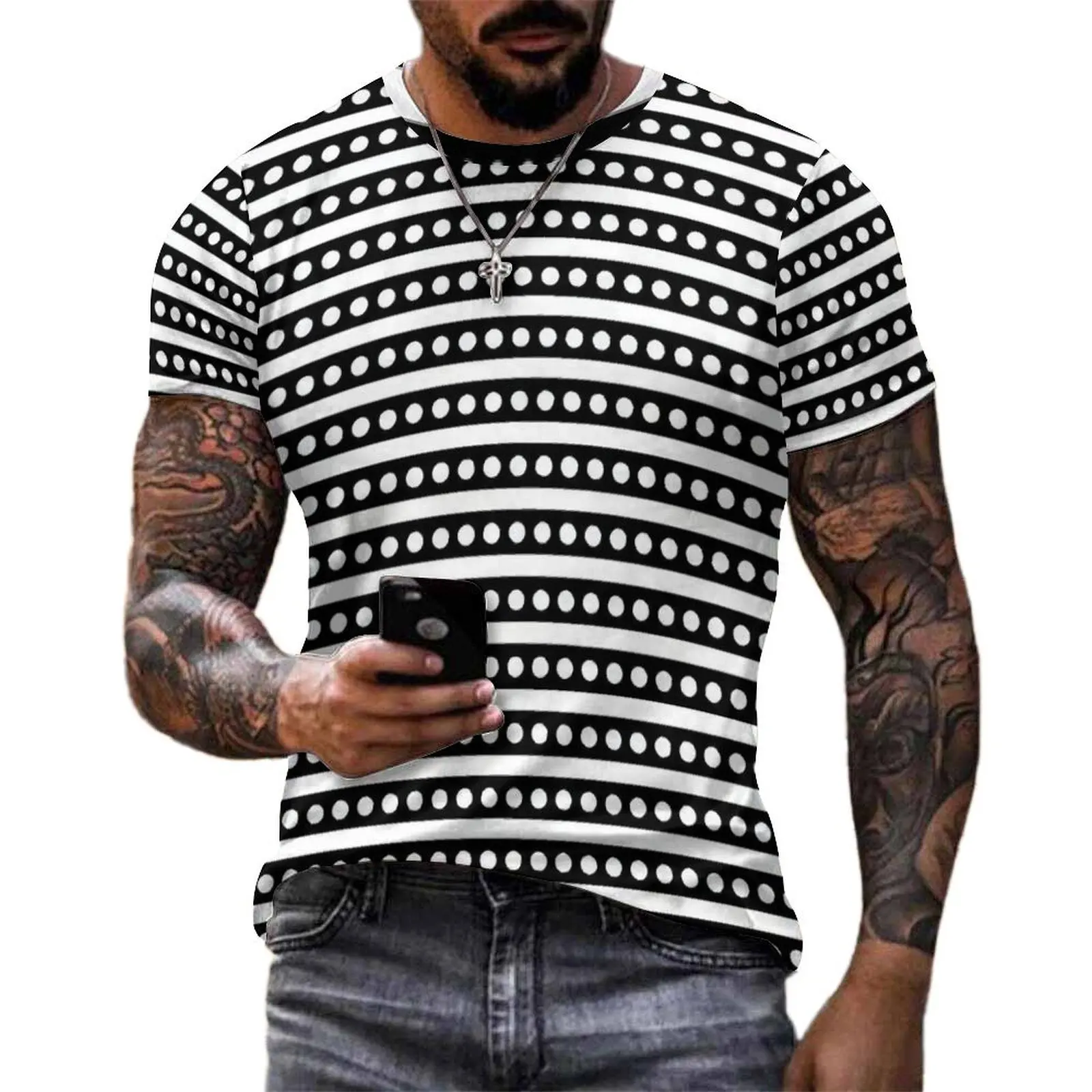 Black White Stripe Dot Print T Shirt  Men Retro T-Shirts Original Design Tees Short Sleeve Kawaii Oversized Clothes Gift Idea