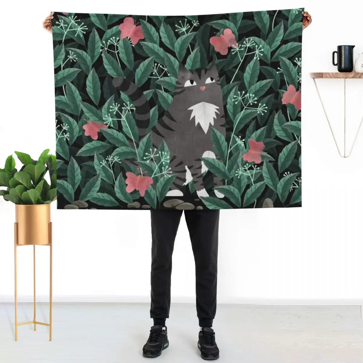 Butterfly Garden (Tabby Cat Version) Throw Blanket Summer blankets and throws Weighted Luxury Designer Blankets