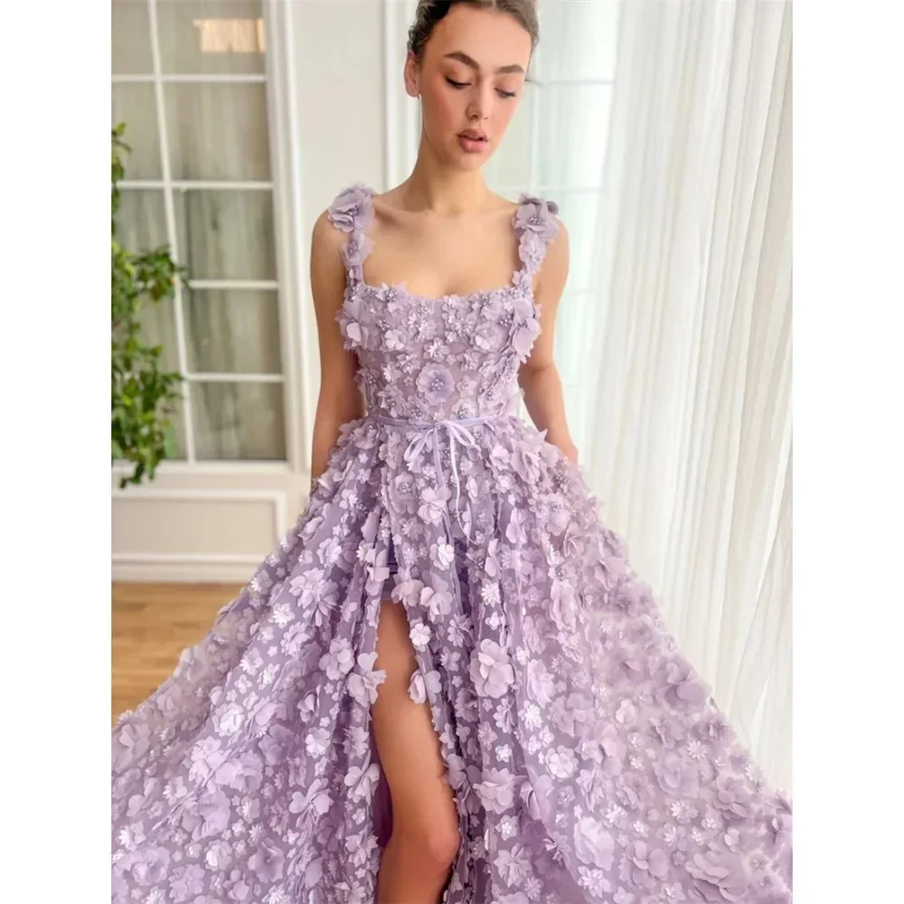 Vestido de festa floral 3D roxo de luxo personalizado 2024 com alças finas e design elegante sem mangas com um flatt