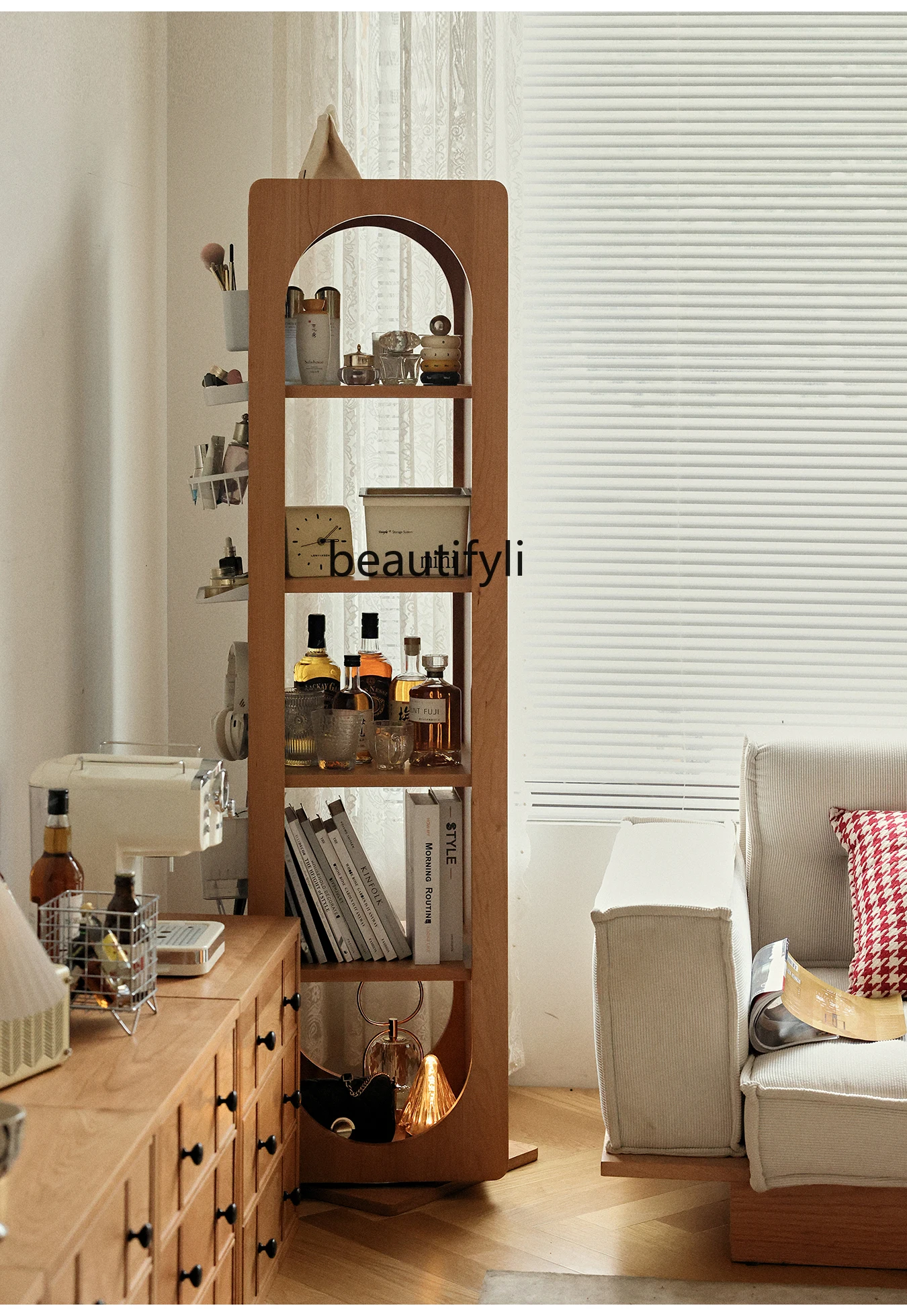 

Nordic solid wood rotating full-length mirror living room cherry wood floor display storage rack